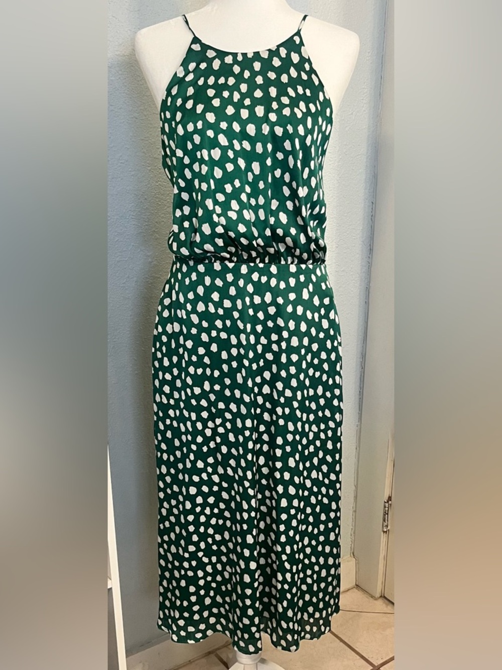 Betsey Johnson Green and White Spotted Halter Midi Dress